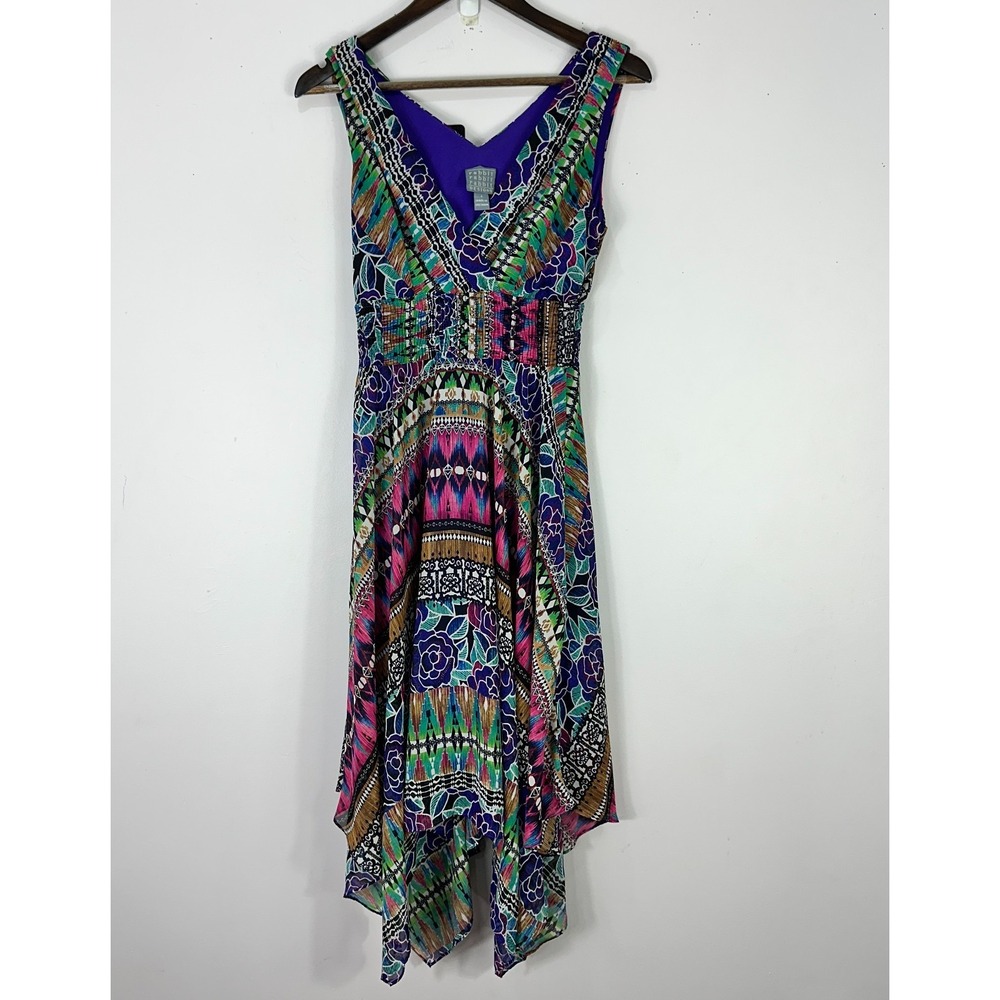 Rabbit Rabbit Designs Babydoll‎ Midi Dress Sz 4 Purple Abstract Artsy Statement